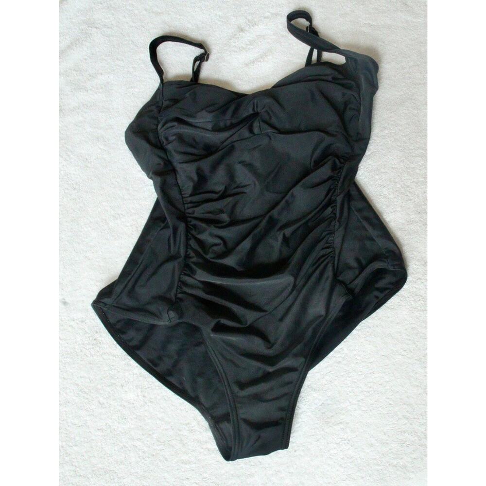 Swim Suit Black Womens Size Large One Piece Adjustable Straps Ruched Joyaria